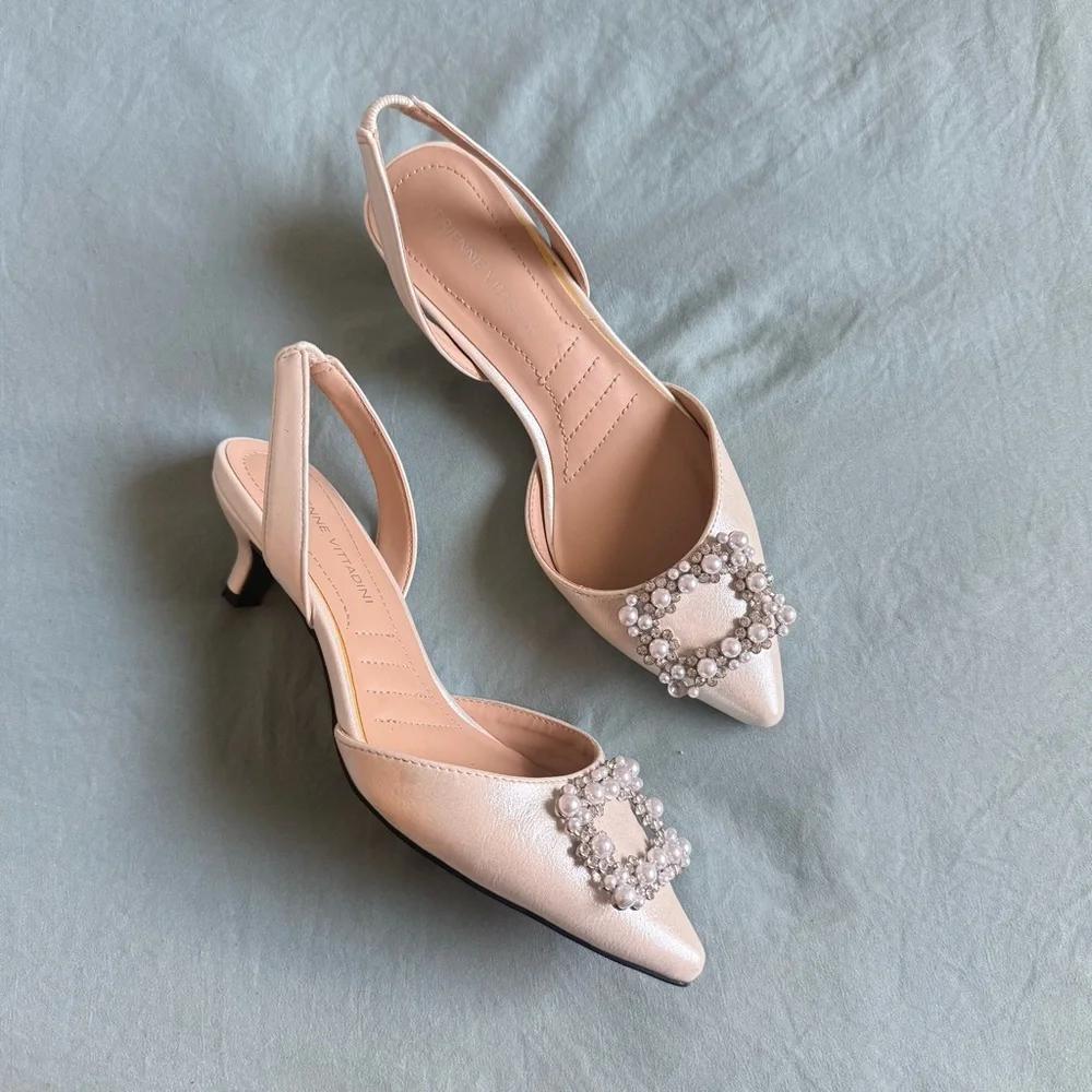 Adrienne Vittadini Pearl-Embellished Slingback Heels - Blush Pink